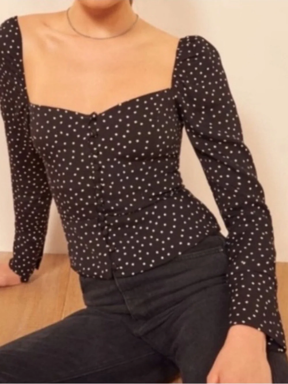 Reformation Black Polka Dot Sweetheart Long-Sleeve Top